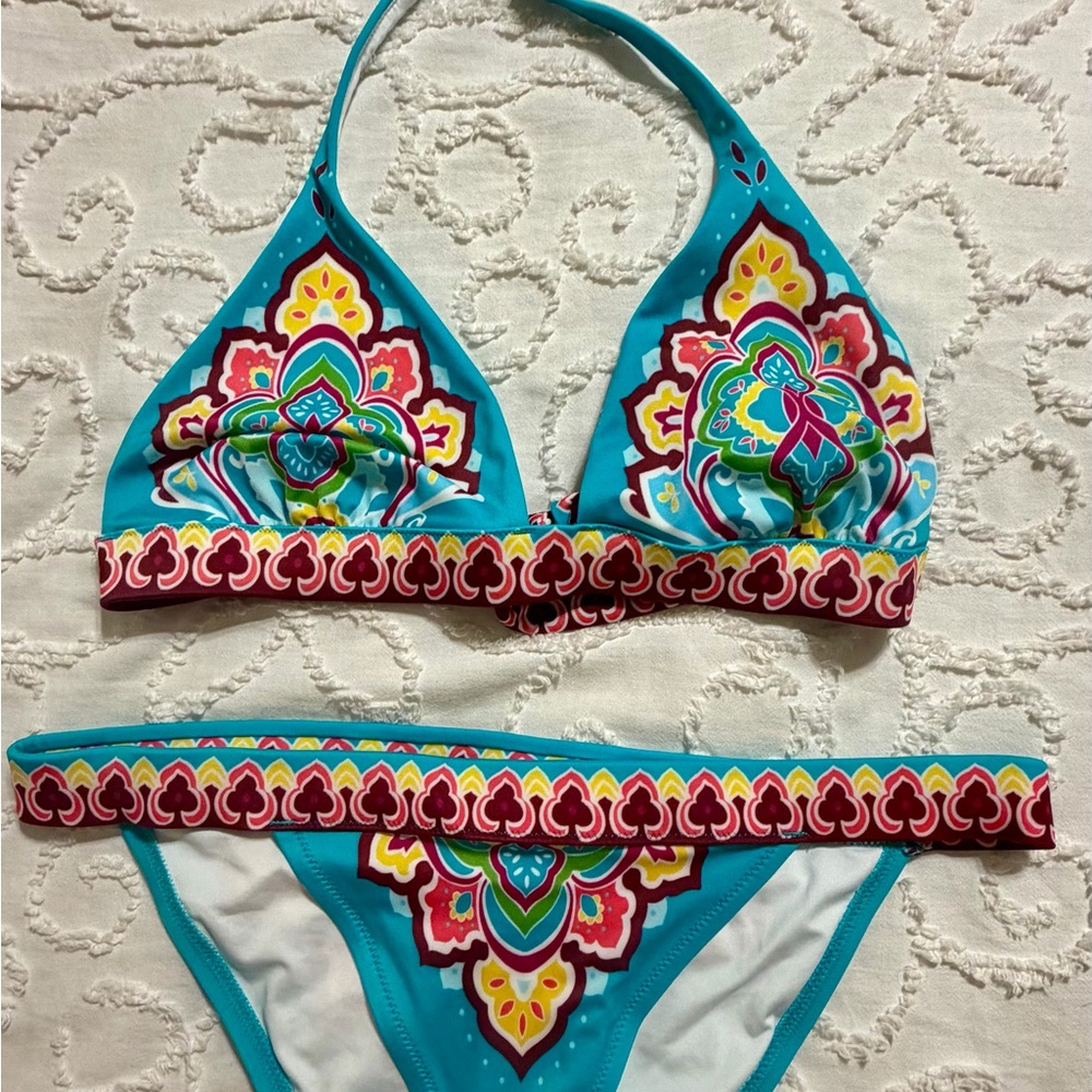 Victoria's Secret Turquoise and Red Printed Swim Top